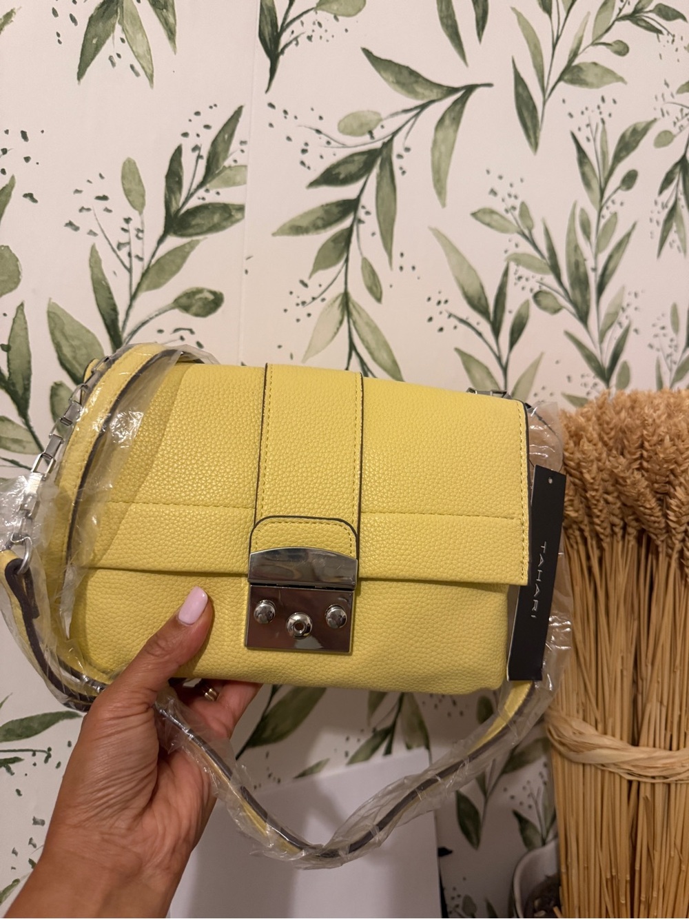 Tahari Yellow Pebbled Leather Crossbody with Silver Hardware
